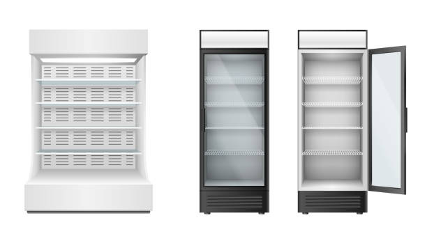 Set of fridges for supermarket or grocery store with glass door and selves for products storage and display. Realistic refrigerators. 3d vector illustration