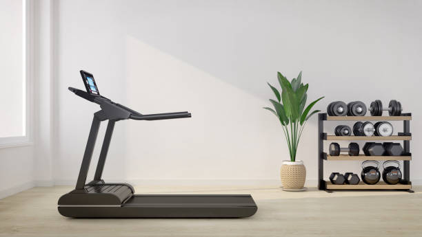 Treadmill in white room with dumbbell rack.3d rendering