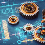 Gearshift engineering mechanism design concept with a computer code blueprint, gear parts and virtual reality glowing digital infographic overlay.